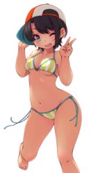  ;d absurdres adapted_costume bare_arms bare_legs bare_shoulders barefoot baseball_cap bikini black_hair blue_eyes breasts cleavage deto female groin halterneck hands_up hat highres hololive leg_up looking_at_viewer navel one_eye_closed oozora_subaru oozora_subaru_(1st_costume) open_mouth short_hair side-tie_bikini_bottom sideways_hat small_breasts smile solo string_bikini striped_bikini striped_clothes swept_bangs swimsuit thighs transparent_background underboob v vertical-striped_bikini vertical-striped_clothes virtual_youtuber 