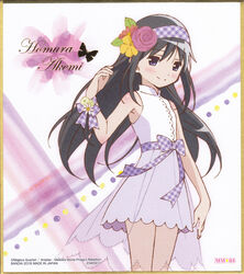  2016 akemi_homura alternate_costume alternate_headwear aniplex arm_at_side armpit_peek artist_request bare_arms bare_shoulders black_hair blush bug butterfly character_name closed_mouth collared_dress copyright_name daisy dot_nose dress female flat_chest floating_hair flower hair_flower hair_ornament hairband hand_up happy highres jitome leaf legs_together long_hair looking_at_viewer mahou_shoujo_madoka_magica mahou_shoujo_madoka_magica_(anime) official_art orange_flower plaid plaid_hairband plaid_ribbon polka_dot polka_dot_background purple_eyes purple_flower purple_hairband purple_ribbon purple_rose purple_theme ribbon rose see-through see-through_skirt shiny_skin short_dress shoulder_blush skirt sleeveless sleeveless_dress smile solo standing straight_hair striped striped_background white_background white_dress white_flower wrist_ribbon yellow_flower 