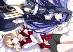  2girls ahoge bike_shorts blonde_hair blue_eyes blue_hair blush breasts cape dress drill_hair erika_wagner hairband highres long_hair looking_at_viewer lying medium_breasts multiple_girls official_art on_back open_mouth orie_ballardiae_harada red_eyes twin_drills twintails under_night_in-birth under_night_in-birth_exe:late[st] very_long_hair white_hairband yoshihara_seiichi 