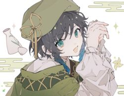  1boy beret black_hair blue_eyes blue_hair braid cape cup genshin_impact gradient_hair green_cape green_hat hair_between_eyes hat long_sleeves looking_at_viewer male_focus multicolored_hair official_alternate_costume open_mouth own_hands_together shirt simple_background solo sparkle suikou_(genshin_impact) twin_braids upper_body venti_(genshin_impact) white_shirt yue_(shemika98425261) 