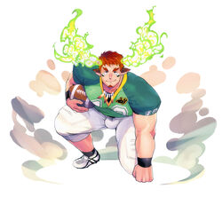  1boy american_football american_football_(object) american_football_uniform animal_ears ball bara brown_eyes brown_hair bulge cow_boy cow_ears cow_horns eye_black facial_hair fiery_horns forked_eyebrows full_body glowing_horns goatee green_shirt highres holding holding_ball horns looking_at_viewer male_focus muscular muscular_male on_one_knee pectorals shirt short_hair short_sleeves shorts smile solo spiked_hair sportswear thick_eyebrows thick_thighs thighs tight_clothes tight_shirt tokyo_afterschool_summoners wakan_tanka white_shorts winemvee 