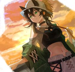  absurdres animal_ears arknights backlighting bare_shoulders belt belt_buckle black_choker blush breasts brown_hair buckle choker closed_mouth coat commentary_request crop_top ears_through_headwear evening female green_coat green_eyes green_hair hair_between_eyes hair_ornament highres horse_ears kobarisusuz long_hair long_sleeves looking_away looking_to_the_side medium_breasts meteor_(arknights) meteor_(bard&#039;s_holiday)_(arknights) multicolored_hair navel off_shoulder official_alternate_costume open_clothes open_coat orange_sky outdoors pants short_ponytail sidelocks sky smile solo star_(symbol) star_hair_ornament stomach sunlight sunset twitter_username two-tone_hair white_headwear white_pants 