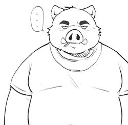  2022 anthro belly big_belly clothing ellipsis hi_res kemono male mammal monochrome overweight overweight_male shirt simple_background smoking solo suid suina sus_(pig) topwear whitebeast20 wild_boar 