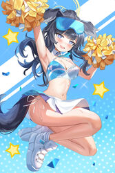  @_@ absurdres animal_ears arm_up armpits bare_shoulders black_hair blue_archive blue_eyes blush breasts cheering cheerleader cleavage clothes_writing commentary crop_top earrings eyewear_on_head female goggles goggles_on_head halo hibiki_(blue_archive) hibiki_(cheer_squad)_(blue_archive) highres holding holding_pom_poms jewelry long_hair looking_at_viewer midriff millennium_cheerleader_outfit_(blue_archive) miniskirt navel official_alternate_costume open_mouth panties pom_pom_(cheerleading) ponytail shoes side-tie_panties side-tie_peek skirt skl sleeveless smile sneakers solo star_(symbol) sticker_on_face stomach sunglasses sweat tail underwear white_footwear white_skirt yellow_halo 