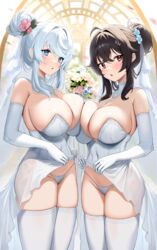  2girls absurdres bare_shoulders black_hair blue_eyes blue_hair blush bouquet breast_press breasts bridal_lingerie bridal_veil bride cameltoe cleavage clothes_lift commentary covered_navel dress dress_lift elbow_gloves flower gloves hair_bun hair_flower hair_ornament highres large_breasts lingerie long_hair looking_at_viewer micro_panties multiple_girls original panties parted_lips red_eyes sideboob sidelocks strapless strapless_dress symmetrical_docking thighhighs tongtangtong underwear veil wedding_dress 