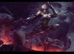  armor black_gloves black_pants breastplate commentary crossbow demon_hunter diablo_(series) diablo_3 dual_wielding english_commentary female fighting gloves glowing glowing_eye highres holding holding_crossbow holding_weapon hood hood_up night outdoors pants red_scarf scarf skeleton snatti weapon 