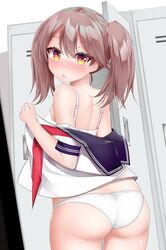  alternate_costume ass bad_id bad_twitter_id black_sailor_collar bra brown_eyes brown_hair commentary_request cowboy_shot female from_behind kantai_collection kirigakure_(kirigakure_tantei_jimusho) locker locker_room long_hair looking_at_viewer looking_back neckerchief no_pants panties red_neckerchief ryuujou_(kancolle) sailor_collar school_uniform serafuku shirt solo twintails underwear white_bra white_panties white_shirt 