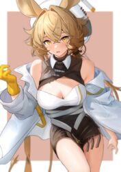  absurdres animal_ears arknights bare_shoulders black_skirt blonde_hair breasts cleavage commentary cowboy_shot dorothy_(arknights) female highres large_breasts long_hair looking_at_viewer miniskirt off_shoulder open_mouth skirt solo sora_mame_(princess_0sora) standing thighs white_headwear yellow_eyes 