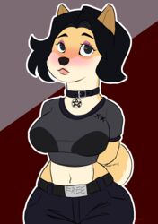  2020 anthro big_breasts blush breasts canid canine canis clothed clothing collar doge dogelore domestic_dog doomer_(meme) doomer_girl eyeshadow female hair hi_res lips makeup mammal meme pattern_background shiba_inu simple_background solo spitz toonarscontent 