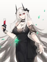  absurdres arknights bare_shoulders black_choker black_dress black_gloves breasts champagne_flute choker cleavage commentary cowboy_shot cup detached_sleeves dress drinking_glass female gloves grey_background hand_up highres holding holding_cup horns large_breasts long_hair looking_at_viewer mudrock_(arknights) mudrock_(obsidian)_(arknights) official_alternate_costume pointy_ears red_eyes short_sleeves single_glove sleeveless sleeveless_dress smile solo standing valenna very_long_hair white_hair 