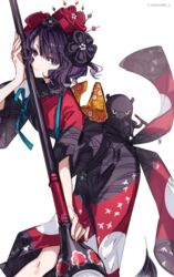  blue_eyes blush breasts carimarica fate/grand_order fate_(series) female hair_ornament hairpin highres japanese_clothes katsushika_hokusai_(fate) kimono large_breasts long_sleeves looking_at_viewer octopus purple_hair purple_kimono red_kimono sash short_hair tokitarou_(fate) wide_sleeves 