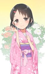  black_hair blush chinese_peony commentary female floral_background floral_print flower gradient_background hair_ornament hairclip highres holding holding_own_hair idolmaster idolmaster_cinderella_girls igeta_(pattern) japanese_clothes kimono light_smile looking_at_viewer obi patterned_clothing peony_(flower) pink_kimono sasaki_chie sash short_hair solo wide_sleeves yama_tatsuo 