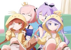  4girls anime_coloring azur_lane bare_shoulders black_ribbon closed_eyes crown hair_ribbon hood hoodie indoors javelin_(azur_lane) jersey_(azur_lane) juno_(azur_lane) jupiter_(azur_lane) jupiter_(fanclub_sleepover)_(azur_lane) long_hair mini_crown multiple_girls official_alternate_costume one_eye_closed orange_eyes pink_hair purple_eyes purple_hair red_eyes ribbon short_hair toro_yurei yellow_hoodie 