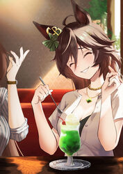  2girls ahoge alternate_costume animal_ears black_tank_top breasts brown_hair cherry cleavage closed_eyes commentary_request commission food fruit gem grin hair_between_eyes hair_ornament hairclip highres holding holding_spoon horse_ears horse_girl ice_cream ice_cream_float indoors jewelry kitsune_yuki long_hair medium_breasts mr._c.b._(umamusume) multiple_girls necklace shirt sirius_symboli_(umamusume) sitting skeb_commission smile solo_focus spoon striped_clothes striped_shirt table tank_top tray umamusume very_long_hair watch white_shirt wooden_table wristwatch 