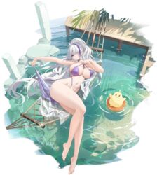  azur_lane bikini breasts day female full_body highres huge_breasts kincora long_hair looking_at_viewer manjuu_(azur_lane) multicolored_hair navel official_alternate_costume official_art outdoors palm_tree pulling_own_clothes purple_bikini purple_eyes purple_hair skindentation solo strap_pull streaked_hair summer swimsuit tree two-tone_hair unzen_(azur_lane) unzen_(sojourn_through_clear_seas)_(azur_lane) very_long_hair water white_hair 