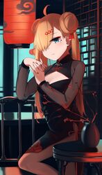  absurdres black_dress black_pantyhose blonde_hair blue_eyes breasts china_dress chinese_clothes cleavage_cutout closed_mouth clothing_cutout double_bun dress feet_out_of_frame female girls&#039;_frontline hair_between_eyes hair_bun hair_ornament hair_over_one_eye hairclip highres hinami047 lamp long_hair long_sleeves looking_at_viewer mg36_(girls&#039;_frontline) mg36_(scarlet_turk&#039;s_cap)_(girls&#039;_frontline) mole mole_under_eye nail_polish official_alternate_costume pantyhose red_nails solo standing table 