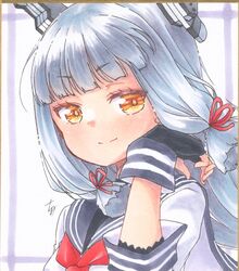  artistic_error blunt_bangs blush dress female gloves grey_hair highres kantai_collection long_hair looking_at_viewer murakumo_(kancolle) necktie orange_eyes sailor_collar sailor_dress sidelocks smile solo upper_body very_long_hair wrong_hand yuuki_chima 