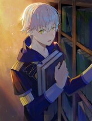  1boy ashe_ubert book fire_emblem freckles garreg_mach_monastery_uniform highres holding holding_book hugging_book hugging_object kyufe male_focus open_mouth shelf solo white_hair yellow_eyes 