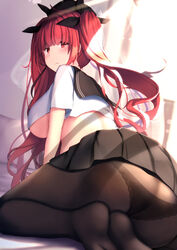  absurdres ass azur_lane bed_sheet black_panties black_pantyhose black_sailor_collar black_skirt blunt_bangs blurry blurry_background blush breasts crop_top embarrassed feet female hair_ornament highres honolulu_(azur_lane) honolulu_(umbrella_girl)_(azur_lane) indoors large_breasts liya long_hair looking_at_viewer no_shoes official_alternate_costume on_bed panties panties_under_pantyhose pantyhose pillow pleated_skirt red_eyes red_hair sailor_collar school_uniform serafuku shirt sidelocks sitting skirt soles solo underwear white_shirt 