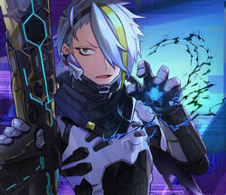  1boy apex_legends armor assault_rifle black_scarf blonde_hair cosplay demon-za electricity gloves green_eyes grey_gloves gun hair_over_one_eye highres holding holding_gun holding_weapon indie_virtual_youtuber male_focus mole mole_under_eye multicolored_hair one_eye_covered open_hand open_mouth rifle scarf solo streaked_hair utai_meika virtual_youtuber vk-47_flatline voidwalker_wraith weapon wraith_(apex_legends) wraith_(apex_legends)_(cosplay) 