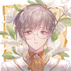  1boy ascot bad_id bad_pixiv_id border cardcaptor_sakura closed_mouth collared_shirt commentary earrings english_commentary engrish_commentary floral_background flower glasses grey_eyes grey_hair jacket jasmine_(flower) jewelry leaf looking_at_viewer maccha_(mochancc) male_focus orange_ascot orange_shirt outside_border petals portrait rabbit_pin round_eyewear shirt short_hair smile solo sparkle tsukishiro_yukito white_border white_flower white_jacket yellow_background 