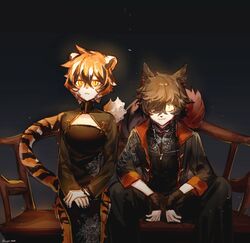  2020 aak_(arknights) anthro arknights asian_clothing black_body black_fur black_hair chinese_clothing clothed clothing duo east_asian_clothing felid female fur hair hi_res hypergryph looking_at_viewer male mammal multicolored_body multicolored_fur multicolored_hair orange_body orange_fur orange_hair pantherine short_hair sitting smile studio_montagne taziku tiger waaifu_(arknights) white_body white_fur white_hair 