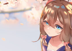  a-soul ahoge blue_eyes blush bow brown_eyes crossed_bangs diana_(a-soul) falling_petals female hair_between_eyes hairbow highres low_tied_hair parted_lips petals school_uniform solo theos uniform virtual_youtuber 