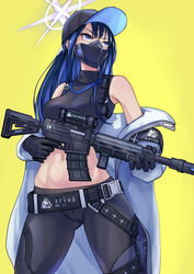  armband assault_rifle bare_shoulders baseball_cap belt black_belt black_gloves black_hair black_hat black_mask black_pants black_shirt blue_archive blue_eyes blue_hair breasts buckle chest_harness coat commentary_request covered_mouth cowboy_shot crop_top female gloves gun halo harness hat highres holding holding_gun holding_weapon holster knife_sheath long_hair looking_up mask medium_breasts midriff mouth_mask navel noomaru_(nomorepeople) off_shoulder pants partial_commentary rifle saori_(blue_archive) scope sheath shirt sig_516 sig_sauer sleeveless sleeveless_shirt snap-fit_buckle solo stomach thigh_holster weapon white_coat yellow_background 