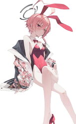  animal_ears bandaid bandaid_on_knee bandaid_on_leg bare_shoulders blue_archive blush bow bowtie braid breasts collar covered_navel crossed_legs detached_collar earrings fake_animal_ears female floral_print hair_between_eyes halo hand_on_own_thigh high_heels highres jacket jewelry leotard looking_at_viewer mole mole_under_eye neru_(blue_archive) neru_(bunny)_(blue_archive) pink_eyes pink_hair playboy_bunny rabbit_ears red_bow red_bowtie red_footwear red_leotard short_hair short_hair_with_long_locks simple_background single_braid sitting small_breasts solo soya_(torga) strapless strapless_leotard stud_earrings sukajan traditional_bowtie tsurime white_background white_collar 