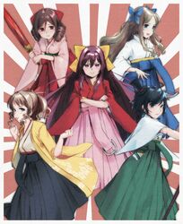  5girls asakaze_(kancolle) bad_id bad_twitter_id black_hair black_hakama blue_bow blue_hakama bow breasts brown_hair closed_mouth commentary_request crossed_arms drill_hair floral_print green_hakama hairbow hakama hakama_skirt haori harukaze_(kancolle) hat hatakaze_(kancolle) highres holding japanese_clothes kamikaze_(kancolle) kantai_collection kimono light_brown_hair long_hair matsukaze_(kancolle) meiji_schoolgirl_uniform mini_hat mini_top_hat multiple_girls open_mouth pink_hakama ponytail purple_hair red_bow red_hakama sakieko short_hair skirt smile standing tears tongue tongue_out top_hat twin_drills white_kimono wide_sleeves yellow_bow 