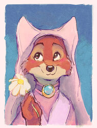  anthro black_nose blue_background border brown_eyes canid canine clothed clothing conditional_dnp daisy_(flower) disney female flower fox fur headdress hi_res holding_flower holding_object jewelry jonas looking_up maid_marian mammal plant red_body red_fox red_fur robin_hood_(disney) simple_background smile solo tan_body tan_fur true_fox wimple 