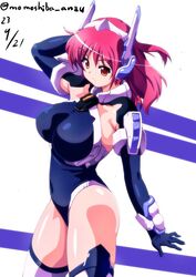  bodysuit breasts brown_eyes crueltear dated elbow_gloves female gloves large_breasts medium_hair nafta purple_hair signature simple_background solo thighs trigger_heart_exelica white_background 