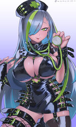  absurdres ass_visible_through_thighs black_dress black_headwear black_legwear blonde_hair blue_hair breasts demon-za dress fangs female gradient_hair grey_background grey_hair hat highres holding_stethoscope indie_virtual_youtuber large_breasts multicolored_hair nurse_cap skindentation smile solo stethoscope streaked_hair thighhighs utai_meika virtual_youtuber yellow_eyes 