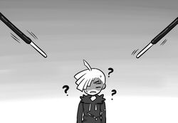  1boy ? ahoge arms_at_sides closed_eyes commentary food gladion_(pokemon) gradient_background greyscale hair_over_one_eye hood hoodie male_focus monochrome nutkingcall open_mouth pocky pokemon pokemon_sm shaded_face short_hair sweat 