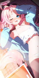  ;o absurdres adjusting_hair ahoge armpits beach_mat bikini blue_archive blue_jacket blurry blush collarbone commentary depth_of_field eyewear_on_head female forehead frilled_bikini frills hair_between_eyes halo hands_up highres hoshino_(blue_archive) hoshino_(swimsuit)_(blue_archive) jacket liyom long_hair long_sleeves looking_at_viewer lying navel official_alternate_costume on_back one_eye_closed open_clothes open_jacket pink_hair sidelocks sleeveless solo stomach sunglasses swimsuit white_bikini 