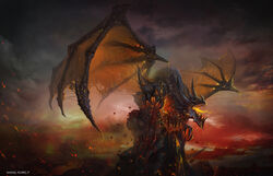  artist_name backward_facing_horns cloud cloudy_sky deathwing dragon guiyuan lava no_humans orange_wings sky warcraft western_dragon world_of_warcraft 