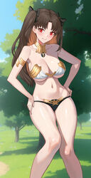  armlet bare_shoulders bikini blush breasts brown_hair cleavage collarbone fate/grand_order fate_(series) female gold_trim highres ishtar_(fate) jewelry large_breasts long_hair looking_at_viewer mismatched_bikini navel neck_ring parted_bangs red_eyes shinsaku_(stan-art) smile solo swimsuit thighs tree two_side_up 