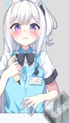  1other angel&#039;s_24_uniform_(blue_archive) animal_ears apron barcode_scanner black_bow black_bowtie blue_apron blue_archive blurry blush bow bowtie commentary_request condom_box depth_of_field embarrassed fake_animal_ears female grey_hair halo highres holding looking_at_object miyako_(blue_archive) official_alternate_costume one_side_up partial_commentary purple_eyes rabbit_ears shirt short_sleeves simple_background solo_focus striped_bow striped_bowtie striped_clothes sweatdrop toriefuni white_shirt 