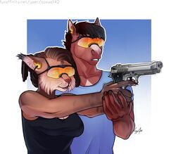  2020 5_fingers aiming aiming_weapon anthro beretta big_breasts black_clothing black_shirt black_topwear breasts brown_body brown_fur brown_hair cheek_tuft citra_(sosya142) clothed clothing dark_body dark_fur dark_shirt desert_eagle digital_media_(artwork) draft_horse dreadlocks duo ear_tuft earmuffs equid equine eyebrows eyewear facial_tuft felid feline female fingers fur glasses goggles gradient_background gun hair handgun holding_object holding_weapon horse kenneth_(sosya142) light_body light_fur light_shirt looking_forward lynx male mammal multicolored_body multicolored_fur nervous pistol ranged_weapon safety_glasses shaking shirt signature simple_background sosya142 standing t-shirt tank_top topwear trembling tuft two_tone_body two_tone_fur weapon wearing_goggles white_body white_fur 