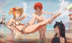  1boy 5girls animal_ear_fluff animal_ears arknights barefoot beach bikini bikini_top_only black_coat blue_hair coat croissant_(arknights) day drink emperor_(arknights) exusiai_(arknights) eyyy feet food grey_eyes hair_over_one_eye hammock hat highres lappland_(arknights) long_hair lying multiple_girls ocean official_alternate_costume one_eye_closed outdoors penguin_logistics_(arknights) pocky red_eyes sand short_hair sora_(arknights) sora_(summer_flowers)_(arknights) swimsuit texas_(arknights) tropical_drink white_bikini wolf_ears 