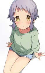  blue_shorts blush breasts expressionless female green_shirt idolmaster idolmaster_million_live! long_sleeves looking_at_viewer makabe_mizuki mochigome_(ununquadium) purple_hair shirt short_hair shorts sidelocks simple_background sitting small_breasts solo thighs white_background yellow_eyes 