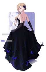  absurdres alternate_costume asymmetrical_hair azur_lane backless_dress backless_outfit black_butterfly black_dress black_gloves blonde_hair blue_butterfly blue_eyes breasts bug butterfly dress earrings elbow_gloves evening_gown female from_behind full_body gloves hair_over_shoulder highres hood_(azur_lane) jewelry lace-trimmed_dress lace-trimmed_gloves lace_trim long_dress medium_breasts moonlgnance simple_background skirt_hold solo white_background 