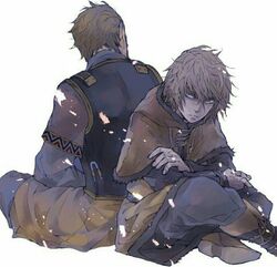  2boys askeladd back-to-back bad_id bad_pixiv_id blonde_hair fur_trim ichibashi multiple_boys serious short_hair short_sleeves sitting thorfinn tunic viking vinland_saga 