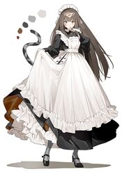  apron black_dress black_footwear bright_pupils brown_hair cat_tail collared_dress commentary_request commission dot_nose dress female full_body girls&#039;_frontline grey_legwear hand_up high_heels highres kishi_(nyto_dork) long_dress long_hair long_sleeves looking_at_viewer maid maid_apron maid_headdress meido-fuku_ga_mitai nyto_(girls&#039;_frontline) original petticoat puffy_long_sleeves puffy_sleeves simple_background skeb_commission skirt_hold solo tail white_background white_pupils 