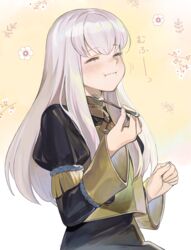  blush closed_eyes commentary_request eating female fire_emblem fire_emblem:_three_houses flower fork garreg_mach_monastery_uniform highres holding holding_fork kyufe long_hair lysithea_von_ordelia solo white_hair yellow_background 