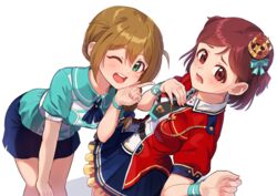  2girls aoba_misaki aqua_eyes baba_konomi braid brown_eyes brown_hair crown idolmaster idolmaster_million_live! idolmaster_million_live!_theater_days kamille_(vcx68) long_hair looking_at_viewer mini_crown multiple_girls one_eye_closed open_mouth shiny_trinity_(idolmaster) short_hair simple_background single_braid smile tears two_side_up white_background 