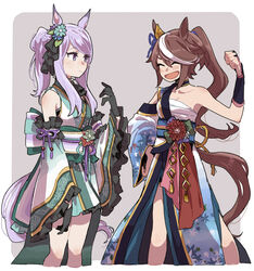  2girls ^_^ adapted_costume alternate_costume animal_ears black_gloves blush border brown_hair clenched_hand closed_eyes commentary_request cosplay detached_sleeves flower gloves gold_city_(akizakura_danzatrice)_(umamusume) gold_city_(umamusume) gold_city_(umamusume)_(cosplay) hadanugi_dousa hair_flower hair_ornament hand_on_own_hip hand_up horse_ears horse_girl horse_tail japanese_clothes kimono long_hair looking_at_another mejiro_mcqueen_(umamusume) multicolored_hair multiple_girls obi open_mouth outside_border pink_hair ponytail ree_(re-19) sarashi sash single_bare_shoulder smile streaked_hair symboli_rudolf_(archer_of_the_white_moon)_(umamusume) symboli_rudolf_(umamusume) symboli_rudolf_(umamusume)_(cosplay) tail tokai_teio_(umamusume) umamusume vambraces white_border 