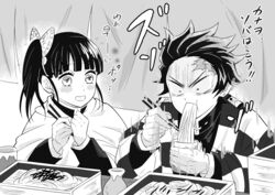  1boy blunt_bangs blush bowl butterfly_hair_ornament checkered_haori chopsticks couple demon_slayer_uniform earrings eating female food greyscale hair_ornament holding holding_chopsticks jewelry kamado_tanjirou kimetsu_no_yaiba long_sleeves monochrome motion_lines noodles open_mouth ponytail ramen san_mon scar scar_on_face scar_on_forehead side_ponytail slurping smile straight tsuyuri_kanao wide-eyed 