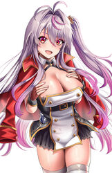  absurdres azur_lane bad_id bad_pixiv_id blush breasts brown_gloves buko_(bukosuki) cleavage commission dress feet_out_of_frame female fingerless_gloves gloves grenville_(azur_lane) grey_hair hands_on_own_chest highres jacket large_breasts long_hair looking_at_viewer multicolored_hair open_clothes open_jacket open_mouth pixiv_commission purple_hair red_eyes red_jacket side_ponytail smile solo standing thighhighs white_background white_thighhighs 