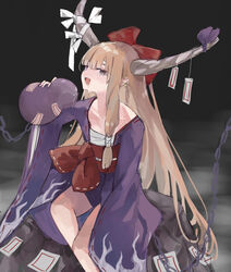  :d absurdres alternate_costume alternate_eye_color blush bow brown_eyes brown_horns chains commentary_request drunk earrings feet_out_of_frame female flat_chest gourd hairbow highres holding horn_bow horn_ornament horns ibuki_suika japanese_clothes jewelry kani_nyan kimono long_hair looking_at_viewer obi open_mouth pointy_ears purple_bow purple_kimono red_bow red_sash sarashi sash sidelocks smile solo touhou very_long_hair 